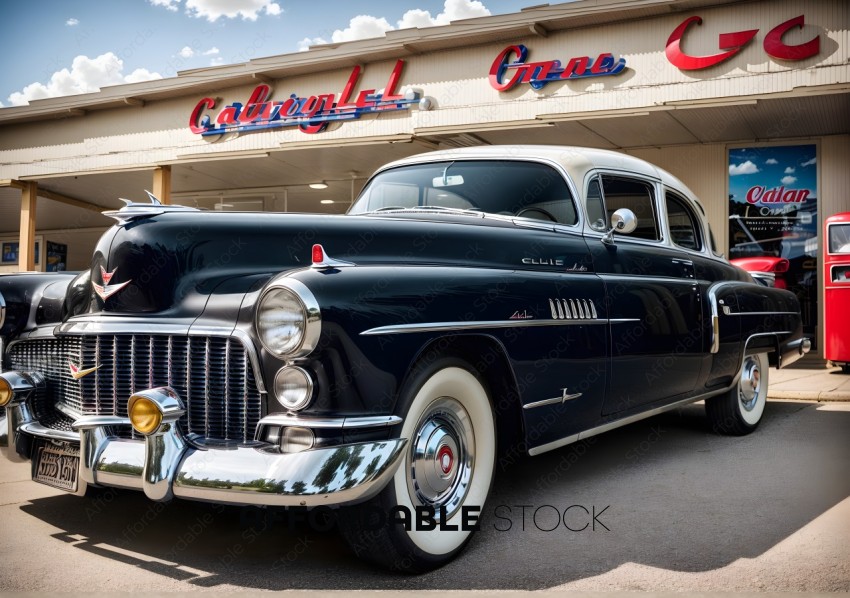 Vintage Black Cadillac Parked Outside Retro Diner