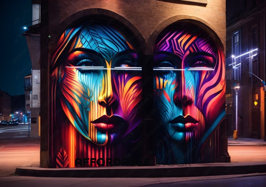 Vibrant Street Art Mural of Female Faces at Night