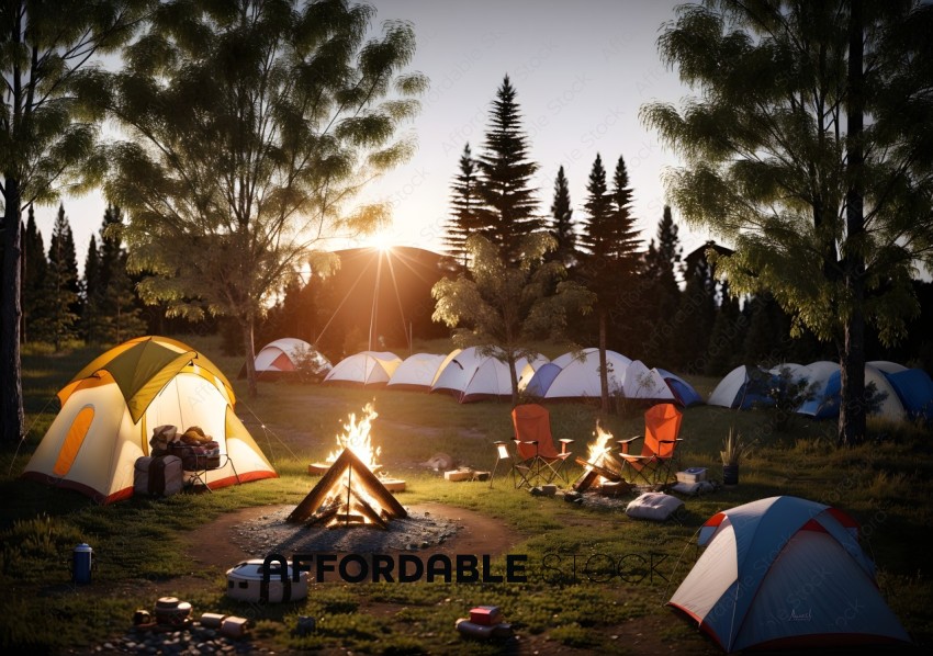 Sunset Camping Scene with Tents and Campfire