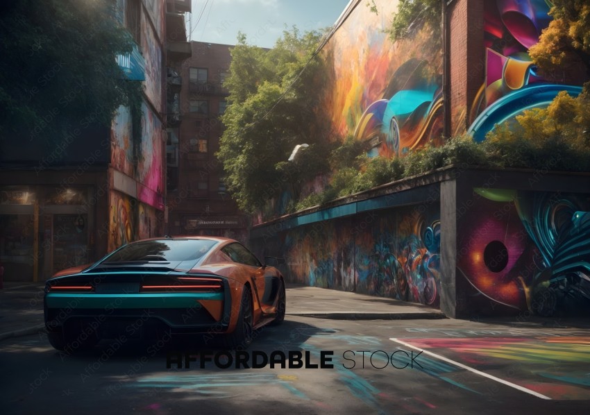 Futuristic Car Parked by Colorful Street Art