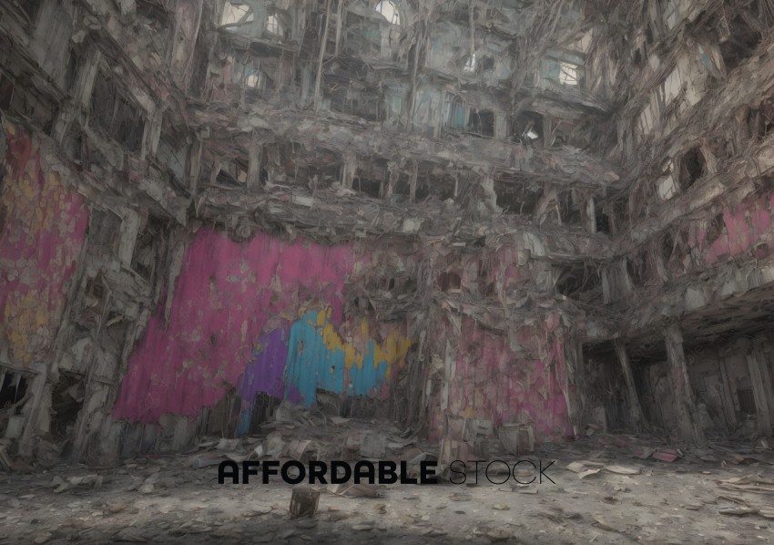 Decayed Urban Building Interior with Colorful Walls