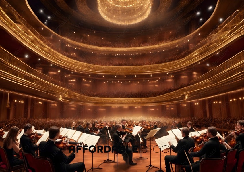 Orchestra Performance in Opulent Concert Hall