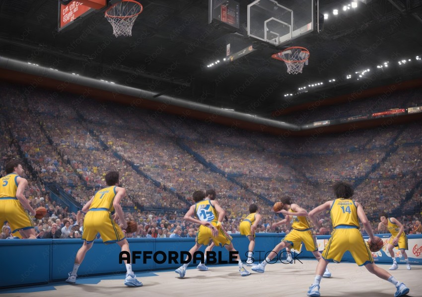 Intense Basketball Game in a Packed Arena