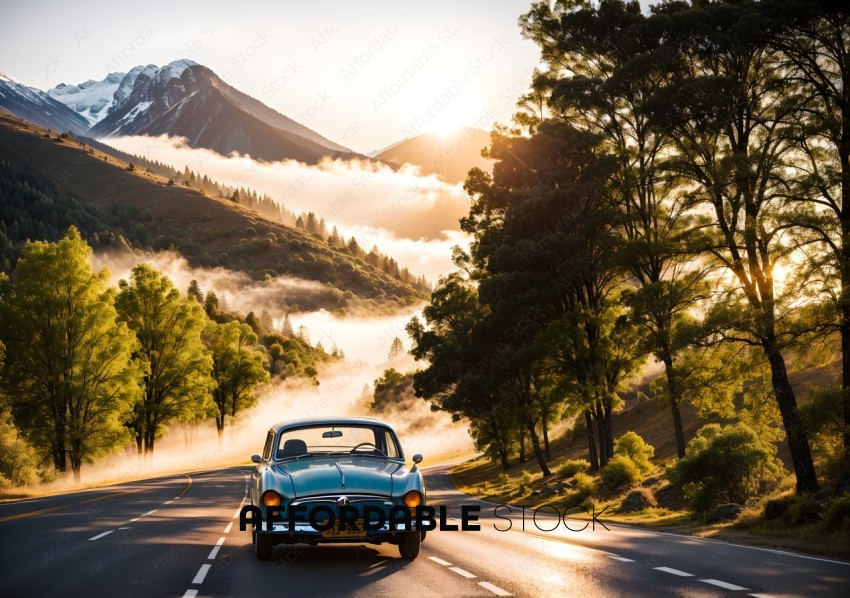 Vintage Car Driving on Mountain Road at Sunrise