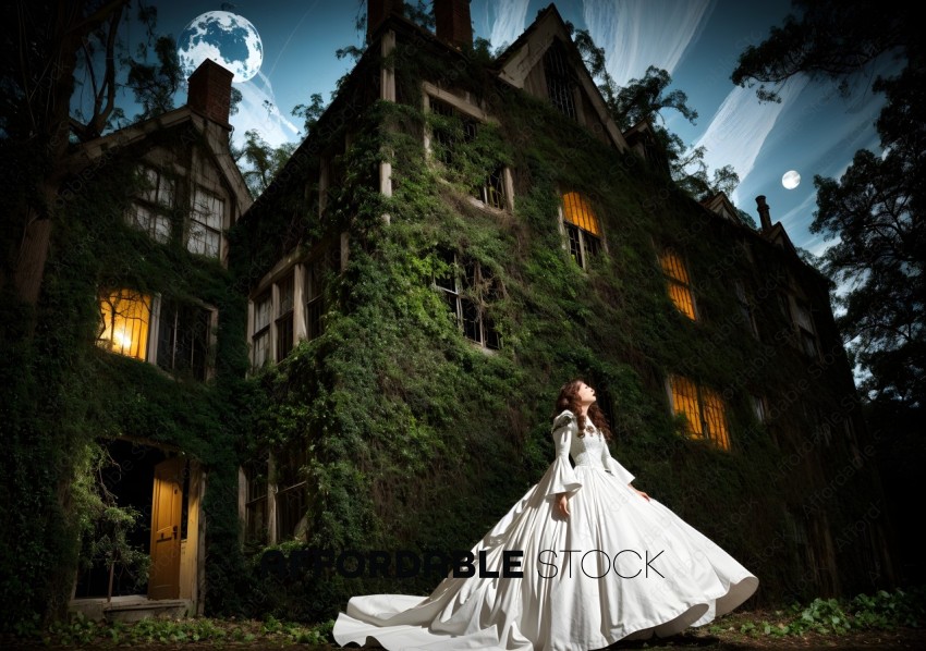 Majestic Bride in front of Moonlit Ivy-Covered Mansion