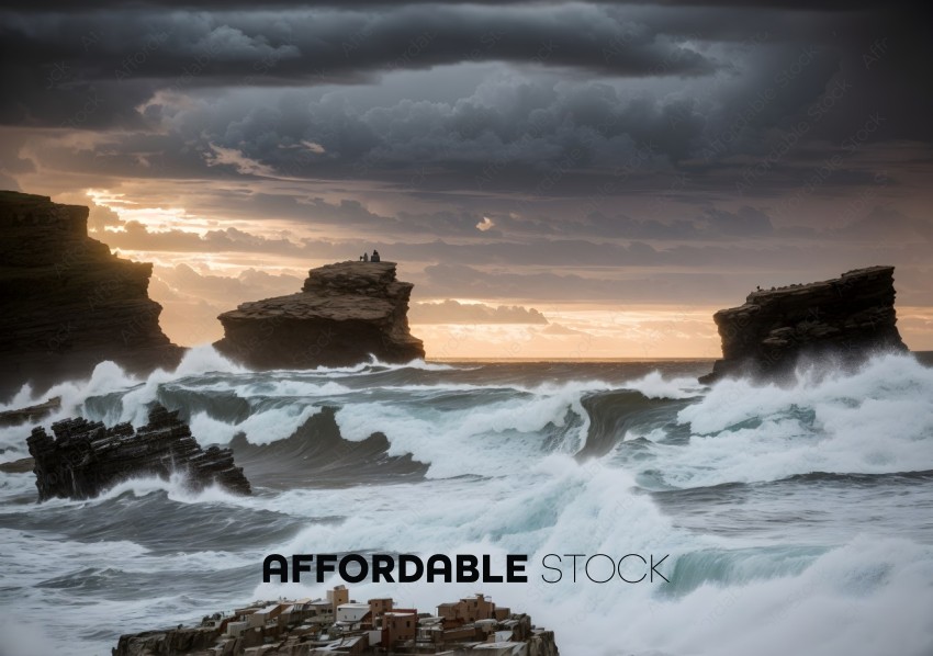 Dramatic Seascape with Rocky Cliffs at Sunset