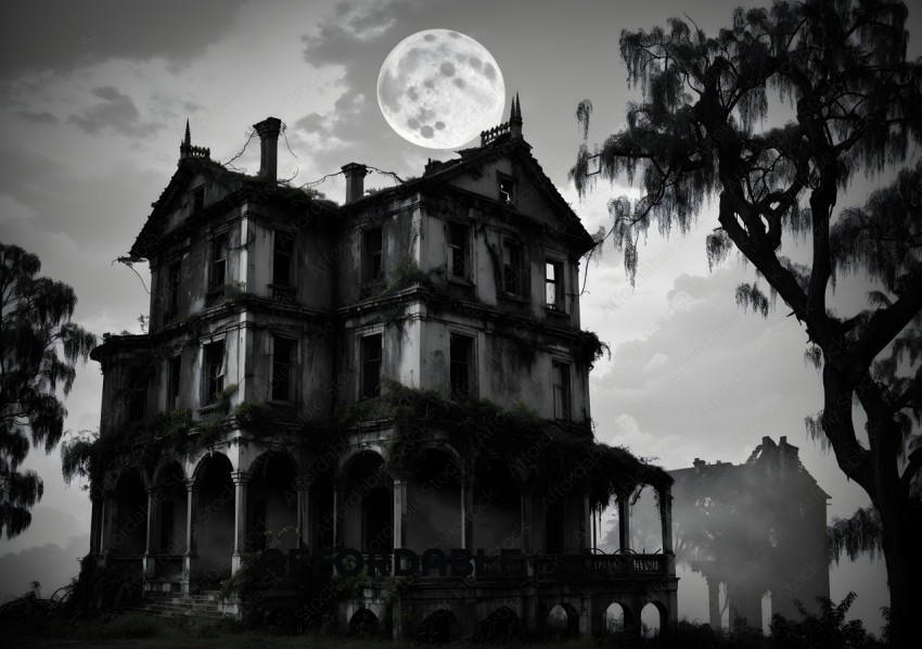 Haunted Mansion with Full Moon at Night