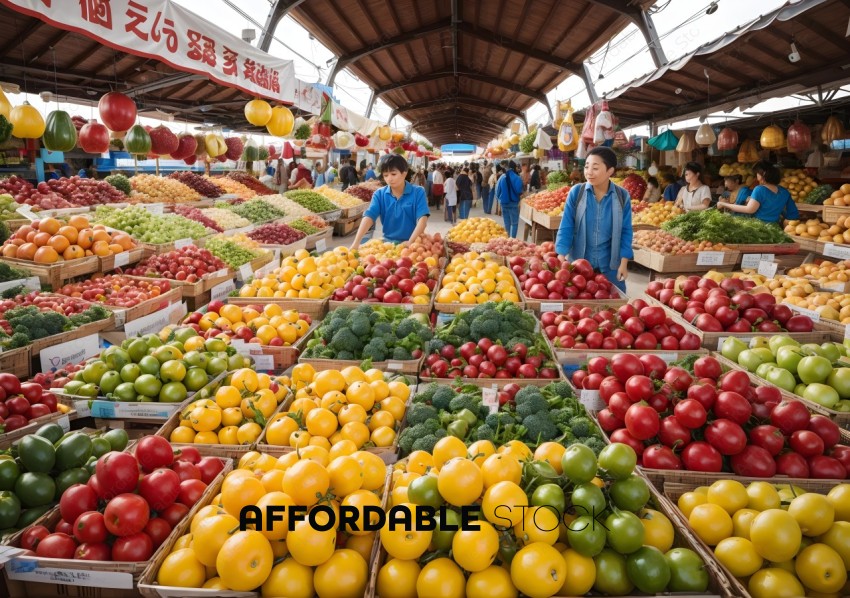 Bustling Fruit and Vegetable Market Scene