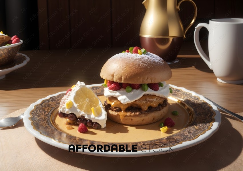 Gourmet Burger with Sweet Toppings on Ornate Plate