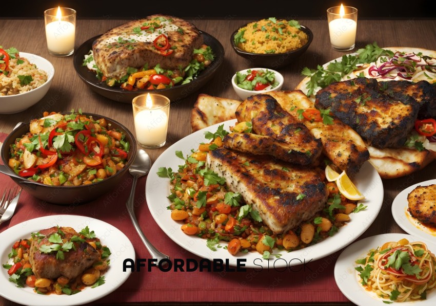 Elegant Dinner Spread with Grilled Meats and Side Dishes