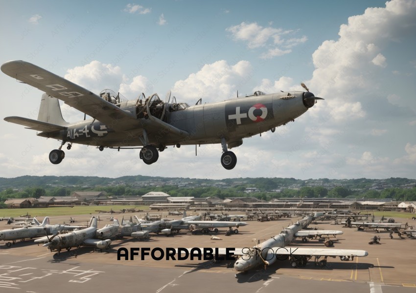 Vintage Warplane Flying Over Military Airbase