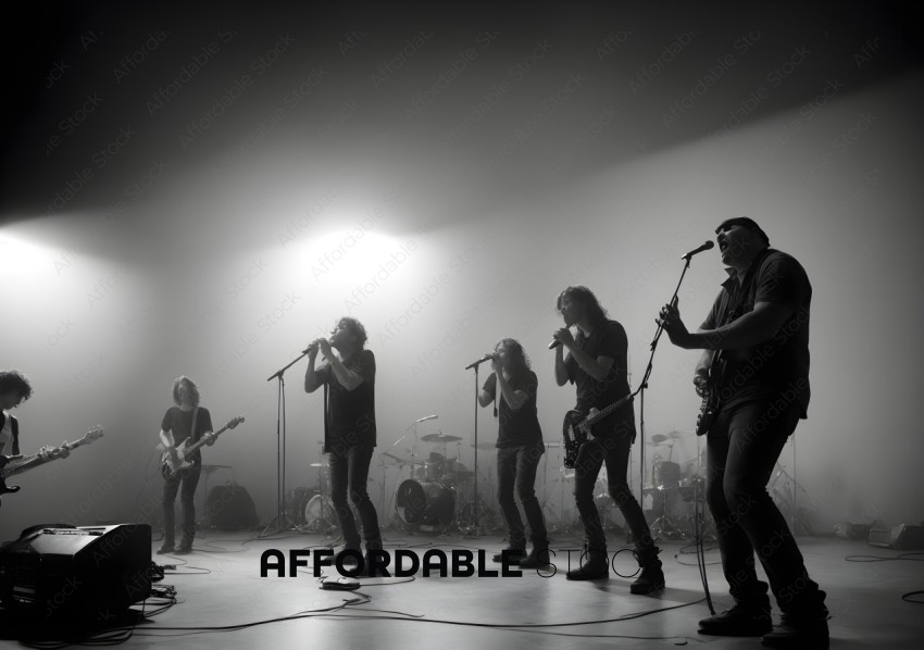 Black and White Image of Rock Band Performing on Stage