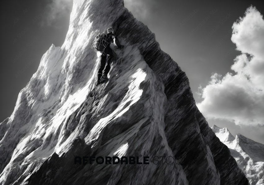 Mountaineer Climbing a Steep Ridge in Monochrome