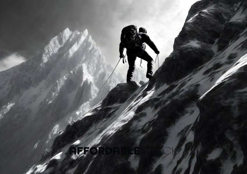 Mountain Climber Scaling a Snowy Peak