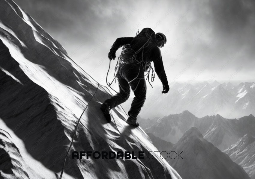 Mountaineer Climbing a Snowy Peak