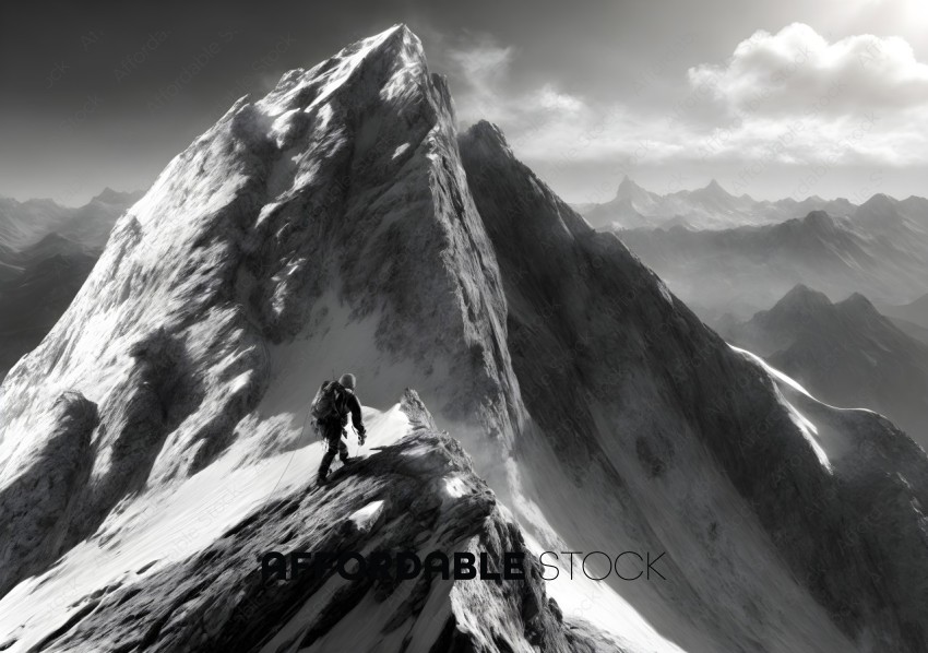Mountaineer Climbing a Snowy Ridge