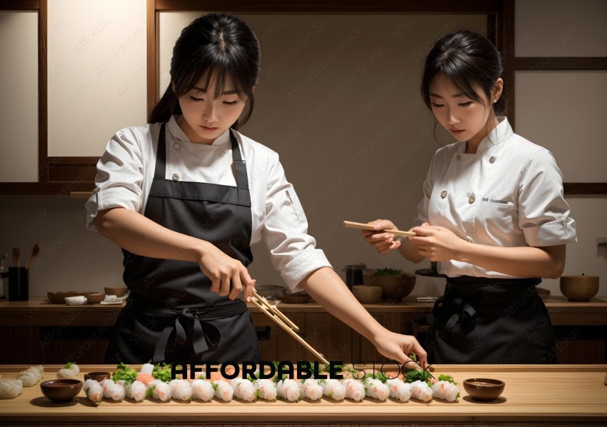 Chefs Preparing Sushi on Wooden Counter
