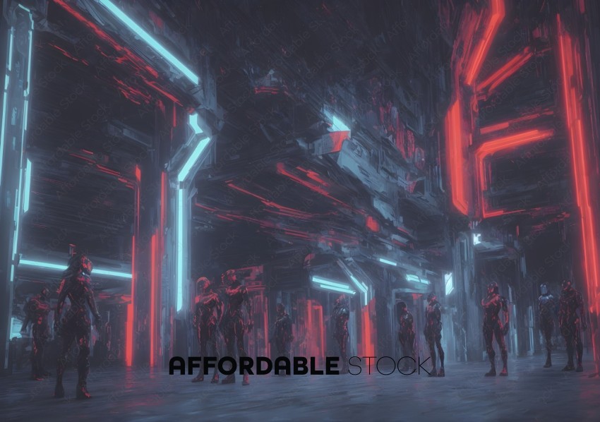 Futuristic Cyberpunk Cityscape with Figures