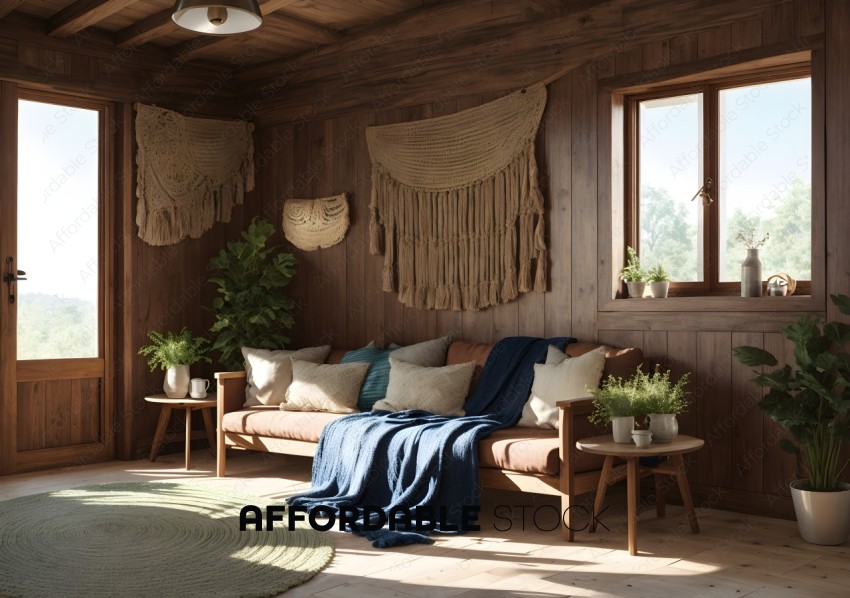 Cozy Wooden Cabin Interior with Handmade Decor
