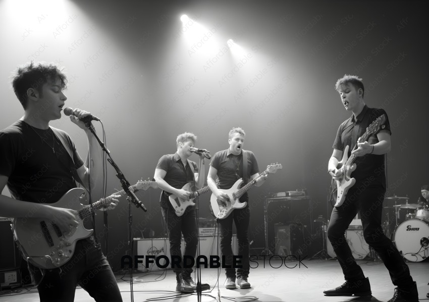 Rock Band Performing on Stage in Black and White