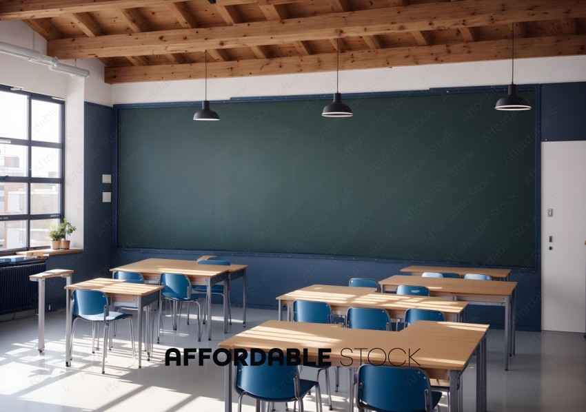 Modern Classroom Interior with Empty Blackboard