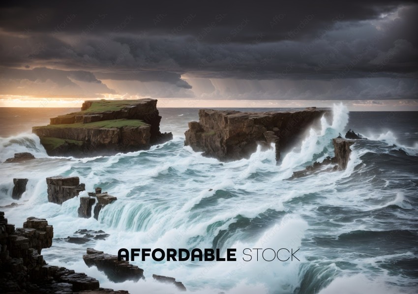 Dramatic Seascape with Stormy Sky at Sunset