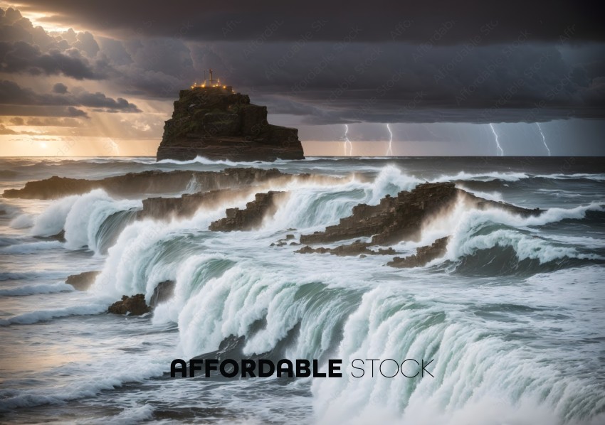 Dramatic Seascape with Lighthouse and Lightning