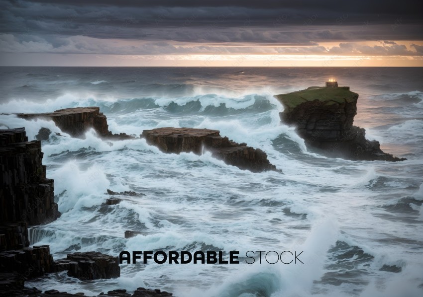 Stormy Sea at Twilight with Lighthouse