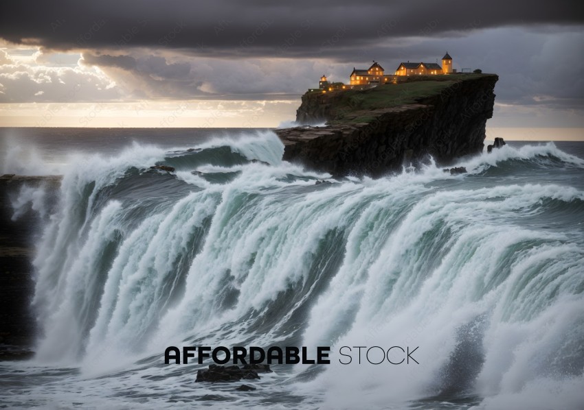 Coastal Cliffs with Illuminated Houses and Crashing Waves at Twilight