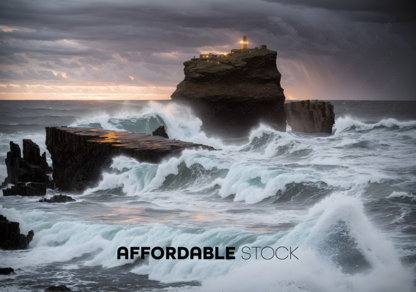 Dramatic Seascape with Lighthouse on Cliff