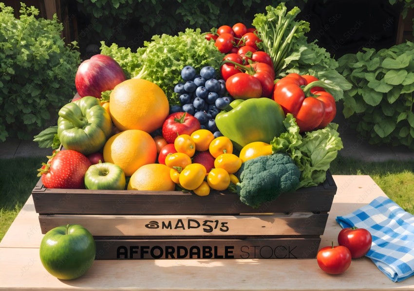 Fresh Assorted Produce in a Wooden Crate Outdoors