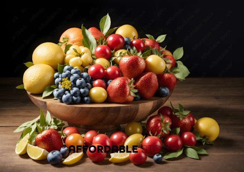 Assorted Fresh Fruits in Wooden Bowl