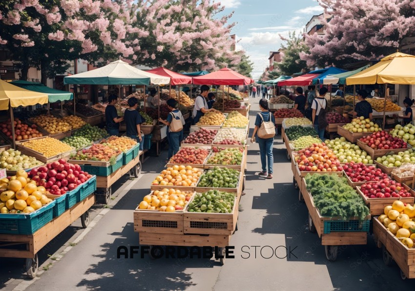 Outdoor Fruit Market with Blossoming Trees