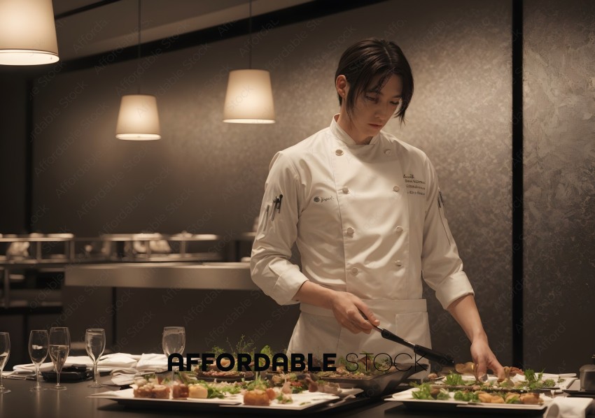 Chef Plating Gourmet Dishes in Upscale Restaurant