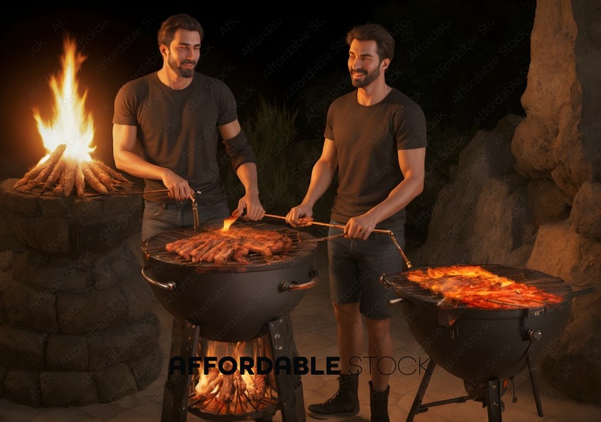 Men Grilling Meat on Barbecue at Night
