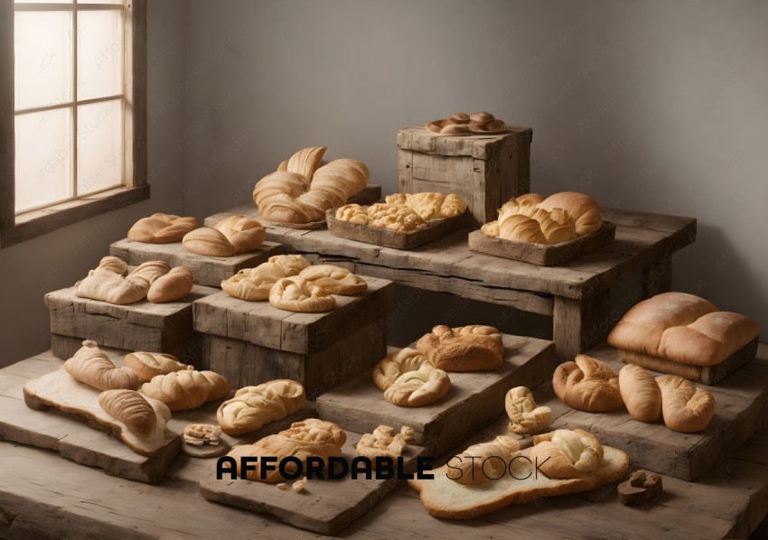 Assorted Fresh Baked Bread on Rustic Wooden Tables