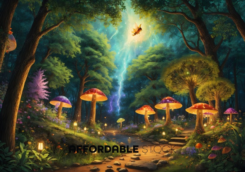 Enchanted Forest Pathway with Magical Mushrooms
