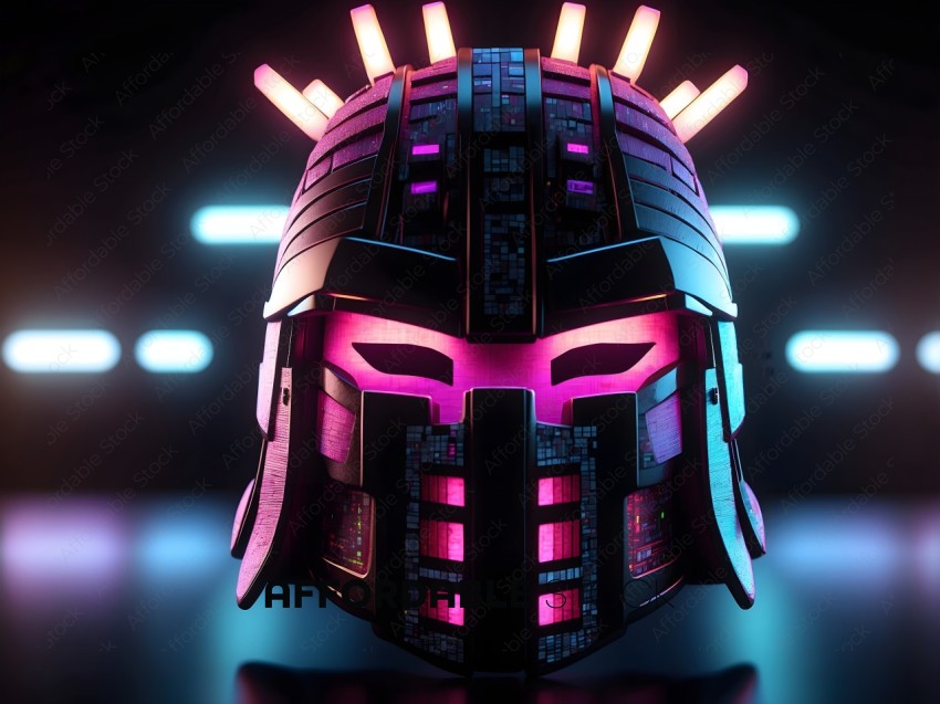 A futuristic mask with pink and blue lights