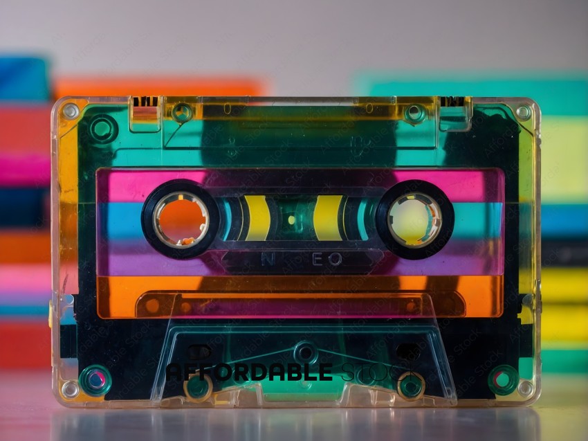A colorful cassette tape with a neon green, yellow, pink, and orange label