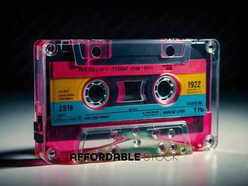 A pink, yellow, blue, and green cassette tape