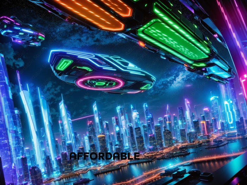 Futuristic City Skyline with Flying Cars