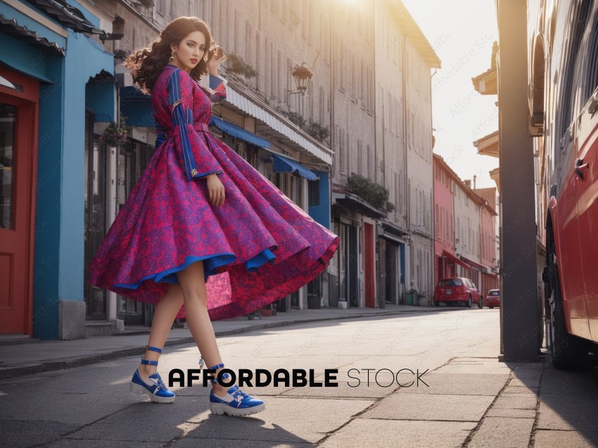 Fashionable Woman in Vibrant Dress on Urban Street