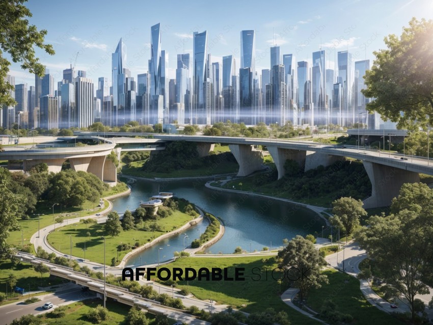 Futuristic City Skyline Over Park