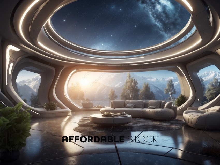 Futuristic Lounge with Mountain View