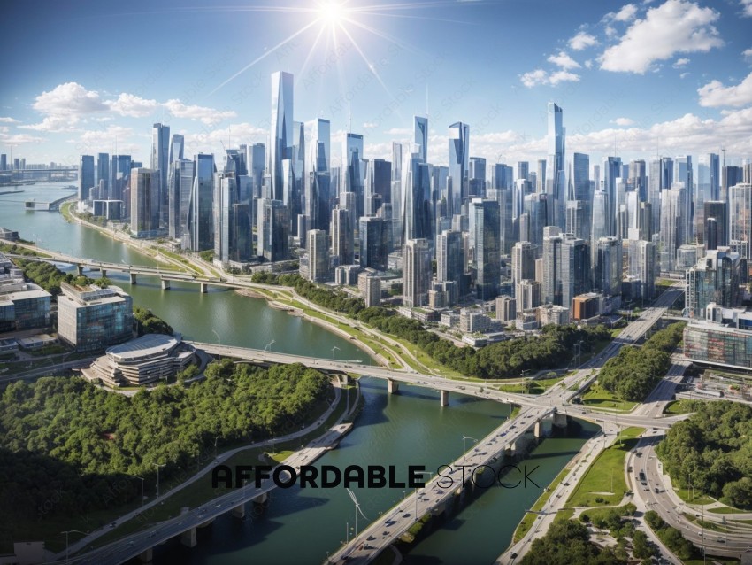Modern City Skyline Aerial View with Green Spaces