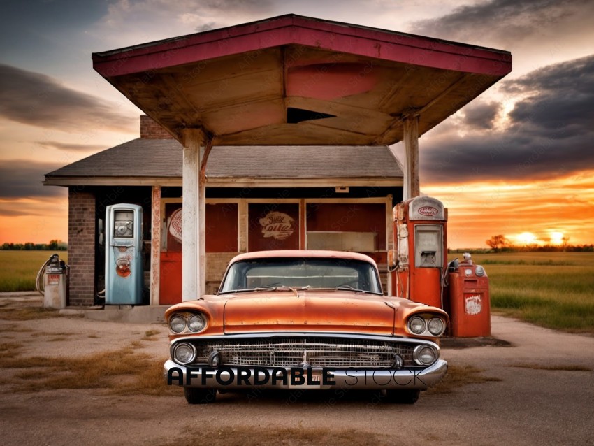 Vintage Car at Gas Station during Sunset