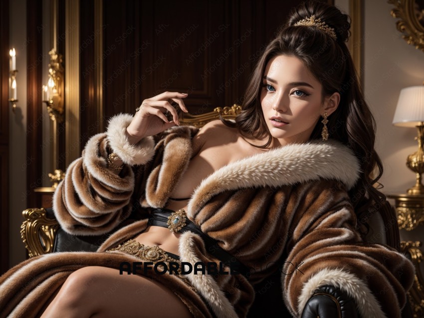 Elegant Woman in Luxurious Fur Coat Sitting in Vintage Room