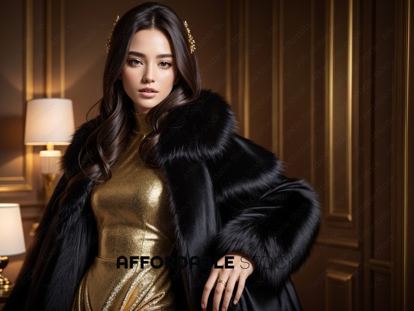 Elegant Woman in Gold Dress and Fur Coat