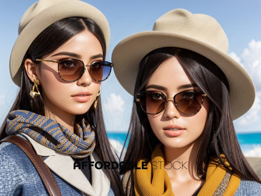 Stylish Twins with Hats and Sunglasses at Beach