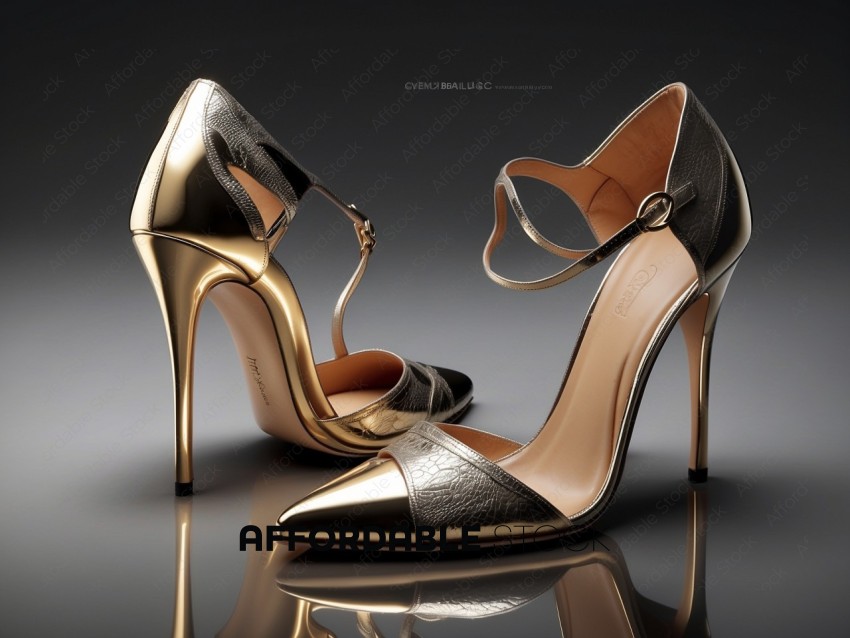 Elegant Golden High Heels on Reflective Surface